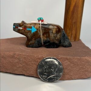 Handcrafted Picasso Stone Bear Figurine with Turquoise Accents.